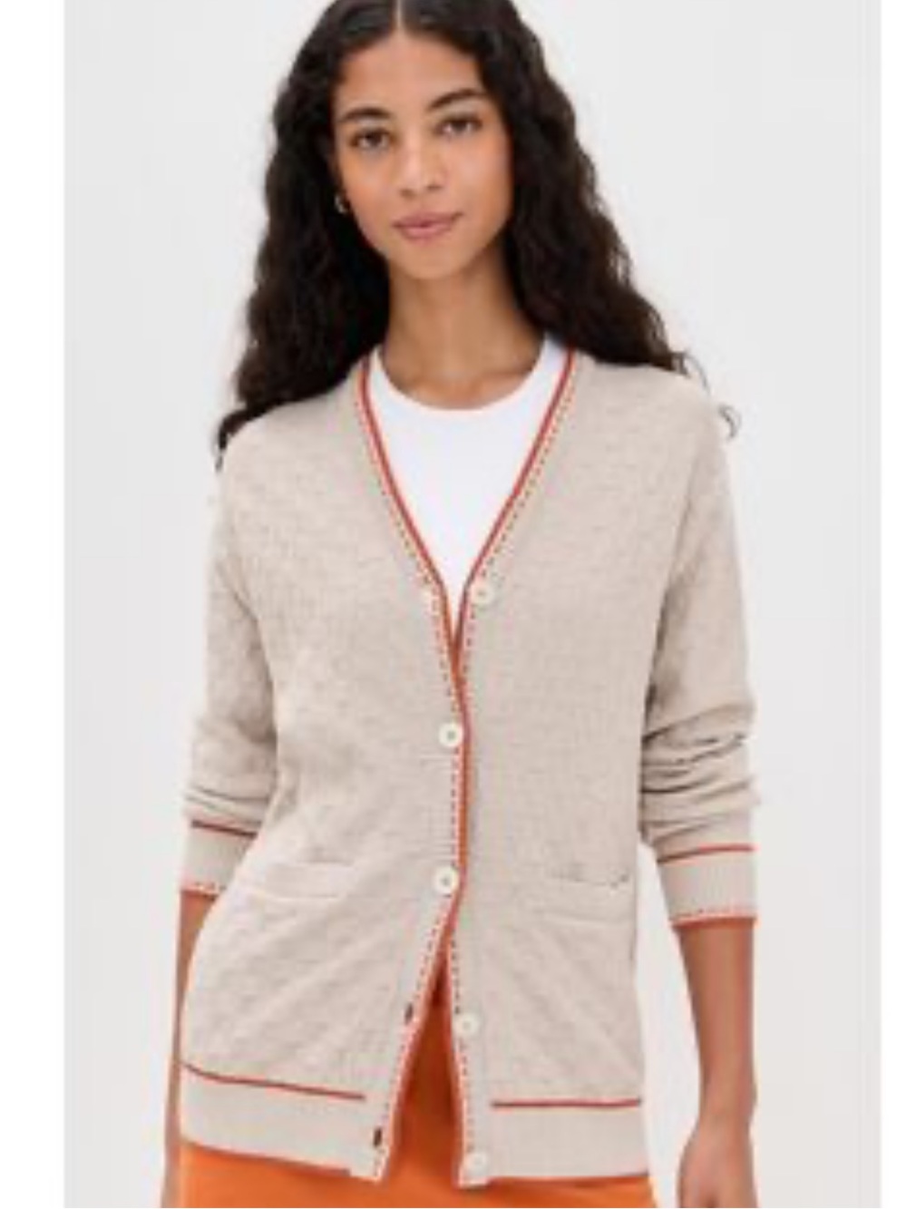 RHONE Cream Textured V‑Neck Cardigan with Orange Trim
